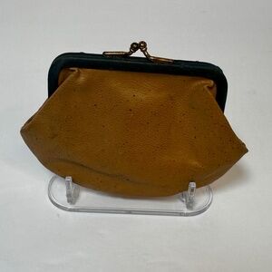 Vintage Tan Leather Kiss Lock Coin Purse Gold Frame Mid Century
